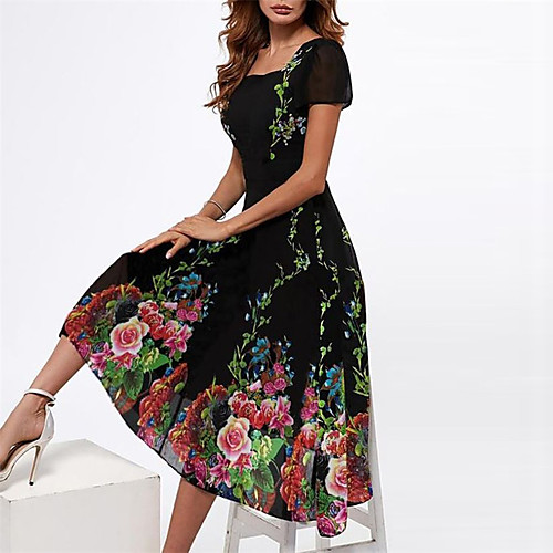 

Women's A Line Dress Midi Dress Blue Black Pink Fuchsia Short Sleeve Floral Print Fall Spring Round Neck Elegant Casual 2022 S M L XL XXL 3XL