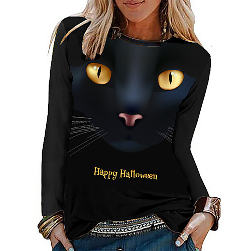 

Women's Halloween 3D Cat Painting T shirt Cat 3D Animal Long Sleeve Print Round Neck Basic Halloween Tops Black / 3D Print