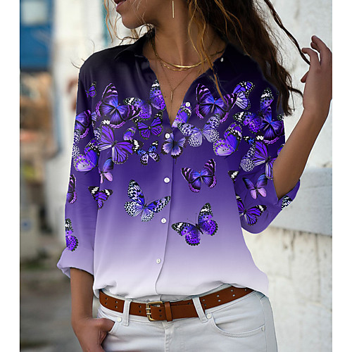 

Women's Butterfly Blouse Shirt Color Gradient Butterfly Animal Button Print Shirt Collar Casual Streetwear Tops Blue Purple Blushing Pink / 3D Print