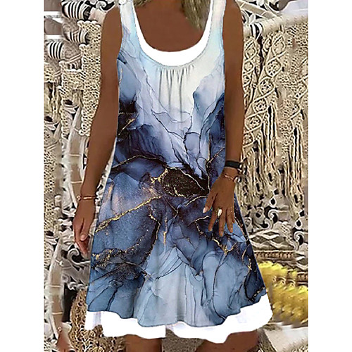 

Women's Shift Dress Knee Length Dress Blue Sleeveless Print Fake two piece Print Spring Summer Boat Neck Elegant Casual Holiday Loose 2021 S M L XL XXL 3XL