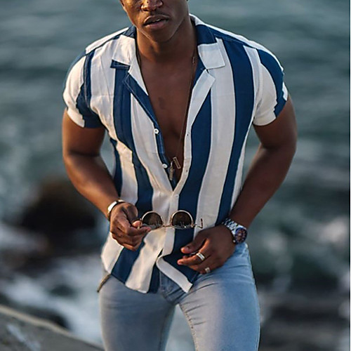 

Men's Shirt Striped Collar Street Daily Button-Down Print Short Sleeve Tops Casual Fashion Breathable Comfortable Blue / Summer