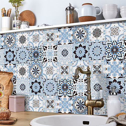 

24pcs Creative Kitchen Bathroom Living Room Self-adhesive Wall Stickers Waterproof Fashion Blue Tile Stickers