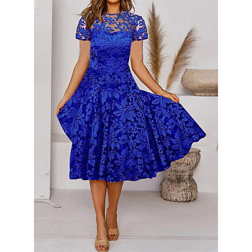 

Women's A Line Dress Knee Length Dress Blue Black Red Short Sleeve Solid Color Embroidered Lace Spring Summer Round Neck Elegant Chinoiserie Party Slim Embroidery S M L XL XXL XXXL 4XL 5XL