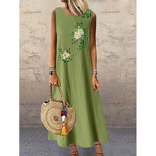 

Women's Shift Dress Maxi long Dress Gray Green Sleeveless Floral Print Summer Round Neck Hot Casual Holiday Loose 2021 M L XL XXL 3XL 4XL 5XL / Plus Size / Cotton / Plus Size / Cotton