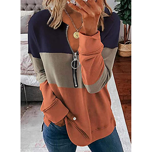 

Women's Blouse Shirt Color Block Zipper Patchwork V Neck Basic Streetwear Tops Cotton Blue Black Red