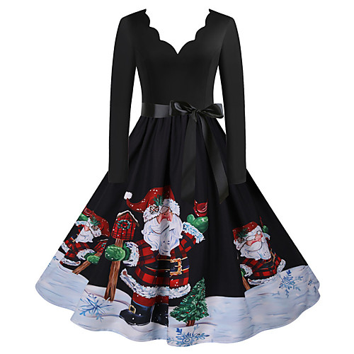 

Women's A Line Dress Knee Length Dress Gray White Black Red Brown Long Sleeve Print Bow Print Fall Winter V Neck Casual Vintage Christmas 2021 S M L XL XXL 3XL