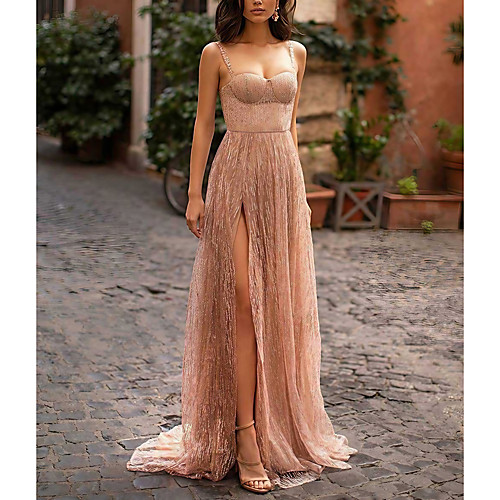 

Women's Strap Dress Maxi long Dress Beige Sleeveless Solid Color Split Mesh Patchwork Spring Summer Strapless cold shoulder Party Elegant Formal Party Holiday 2021 S M L XL XXL