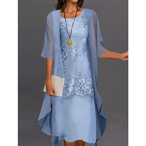 

Women's Chiffon Dress Midi Dress Light Blue Green Gray Half Sleeve Floral Embroidered Layered Patchwork Fall Winter Round Neck Elegant Chinoiserie Loose 2022 M L XL XXL XXXL 4XL 5XL