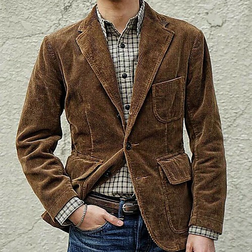 

Men's Vintage Corduroy Jacket Blazer Daily Fall Spring Regular Coat Regular Fit Breathable Casual Jacket Long Sleeve Plain Patchwork Brown