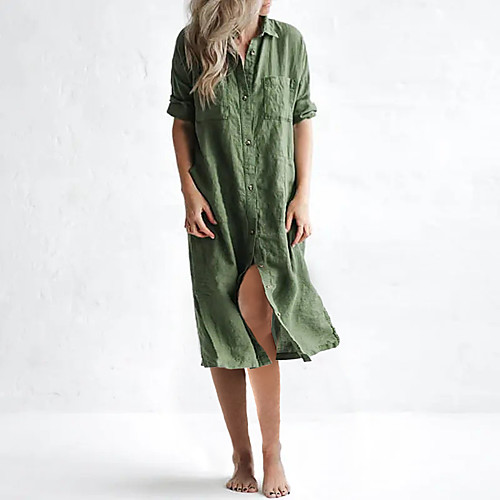 

Women's Shirt Dress Maxi long Dress Blue Green White Black Long Sleeve Solid Color Split Pocket Button Spring Summer Shirt Collar Casual Loose 2021 S M L XL XXL 3XL