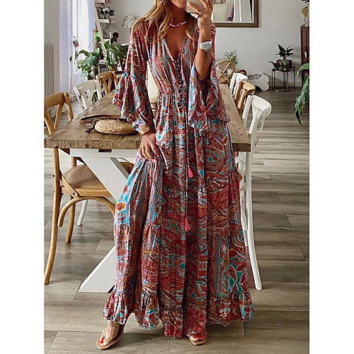 

Women's Swing Dress Maxi long Dress Photo Color 3/4 Length Sleeve Print Print Spring Summer V Neck Casual Vintage Boho Holiday Beach Flare Cuff Sleeve 2021 S M L XL XXL XXXL