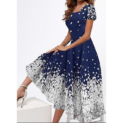 

Women's Swing Dress Midi Dress Navy Blue Short Sleeve Floral Print Spring Summer Square Neck Elegant Casual Party 2021 S M L XL XXL / Loose