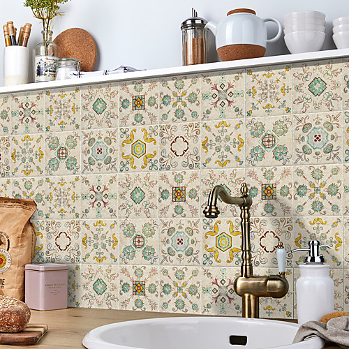 

24pcs Creative Kitchen Bathroom Living Room Self-adhesive Wall Stickers Waterproof Retro Light Yellow Tile Stickers