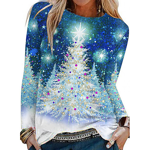 

Women's Floral Theme Painting T shirt Graphic Snowflake Christmas Tree Long Sleeve Print Round Neck Basic Tops Regular Fit Blue / 3D Print