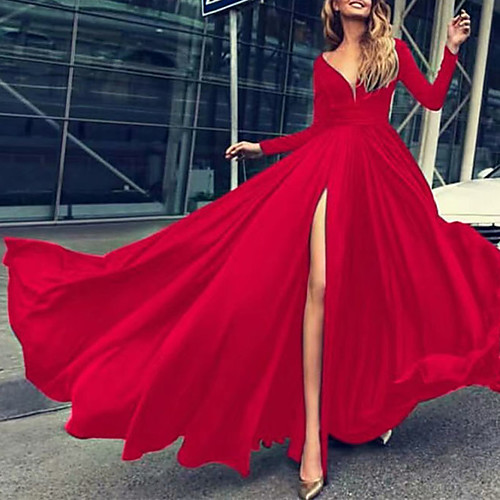 

Women's Swing Dress Maxi long Dress Green Black Red Long Sleeve Solid Color Split Fall Summer V Neck Elegant Sexy Regular Fit 2021 S M L XL XXL / Party Dress
