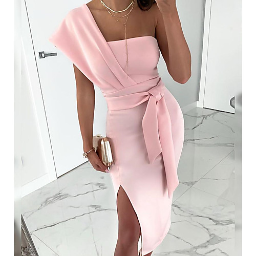 

Women's Sheath Dress Knee Length Dress Blushing Pink Sleeveless Solid Color Layered Split Bow Spring Summer One Shoulder Party Elegant Sexy Holiday Slim 2021 S M L XL