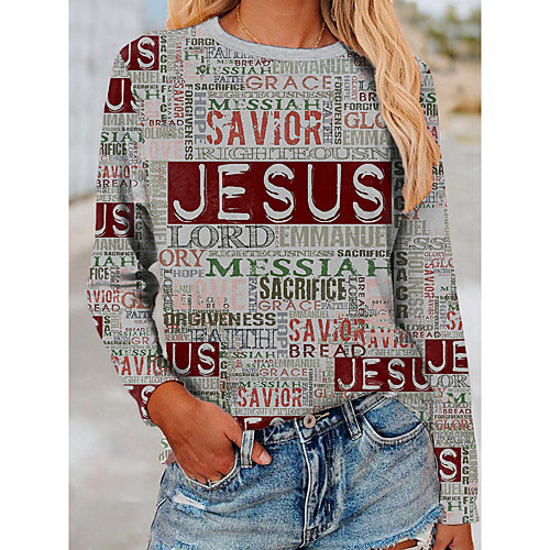 

Women's T shirt Jesus Letter Printing V Neck Basic Tops Black Gray Brown
