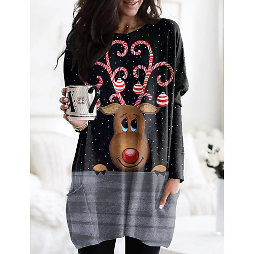 

Women's Christmas 3D Printed Painting T shirt 3D Reindeer Long Sleeve Pocket Print Round Neck Basic Christmas Tops Regular Fit Black