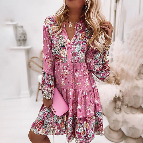 

Women's Shift Dress Knee Length Dress Green Blue Pink Long Sleeve Floral Smocked Ruffle Print Fall Spring V Neck Hot Casual Boho Flare Cuff Sleeve Loose 2022 S M L XL XXL 3XL 4XL