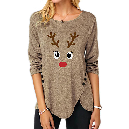 

Women's Christmas Abstract Painting T shirt Reindeer Long Sleeve Button Print Round Neck Basic Christmas Tops Regular Fit Blue Purple Gray