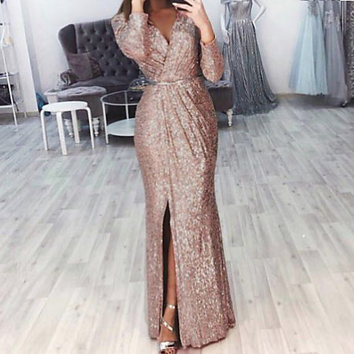 

Women's Sheath Dress Maxi long Dress Golden Wine Red Purple Green White Black Dark Blue Long Sleeve Solid Color Split Ruched Fall Spring V Neck Party Elegant Casual Party 2021 S M L XL XXL XXXL