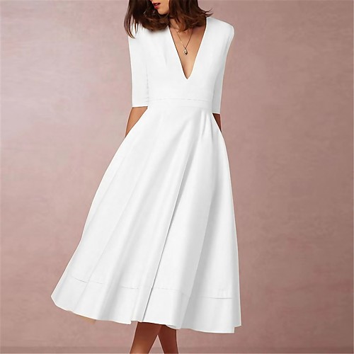 

Women's Swing Dress Midi Dress White Half Sleeve Solid Color Ruched Fall Spring Deep V Party Hot Elegant 2022 S M L XL XXL 3XL / Slim