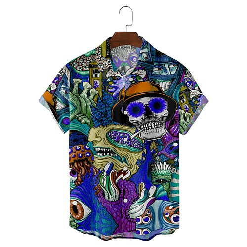 

suoyi men's individual design skull flower print short sleeve casual loose beach hawaiian shirt hawaiian blue
