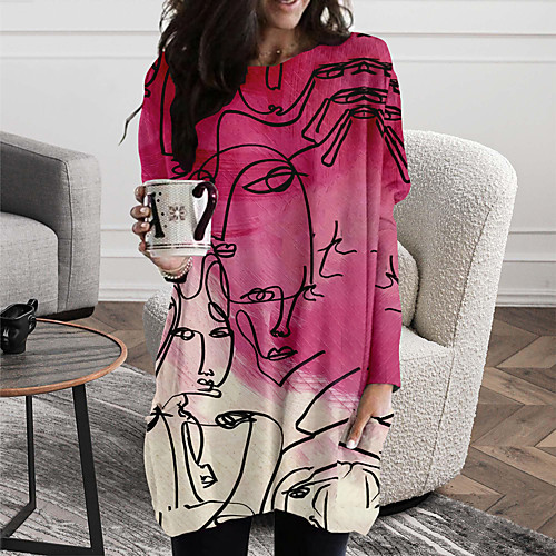 

Women's Shift Dress Short Mini Dress White Pink Fuchsia Beige Long Sleeve Abstract Pocket Print Fall Spring Round Neck Personalized Casual Modern 2022 XS S M L XL XXL 3XL 4XL 5XL 6XL / Loose