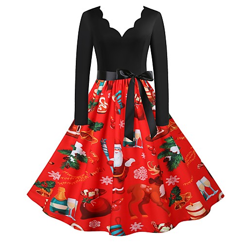 

Women's Swing Dress Knee Length Dress Black Long Sleeve Christmas Snowman Zipper Bow Print Fall Winter V Neck Deep V Elegant Holiday Christmas Christmas Party Regular Fit 2021 S M L XL XXL XXXL