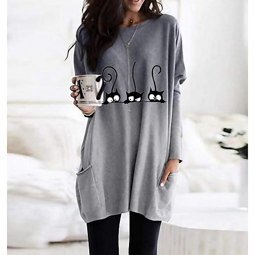 

Women's T Shirt Dress Knee Length Dress Long Sleeve Print Cat Patchwork Print Fall Hot Casual Blue Purple Blushing Pink Gray S M L XL XXL 3XL 4XL 5XL