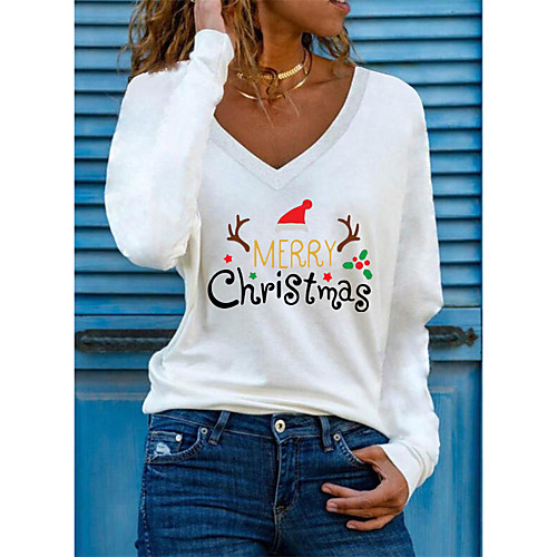 

Women's Christmas Painting T shirt Text Reindeer Long Sleeve Print V Neck Basic Christmas Tops Regular Fit Green White Red