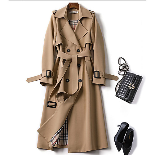 

Women's Trench Coat Daily Fall Winter Long Coat Regular Fit Warm Fashion Classic Jacket Long Sleeve Plaid Lace up Blue Camel / Spring / Work / Patchwork
