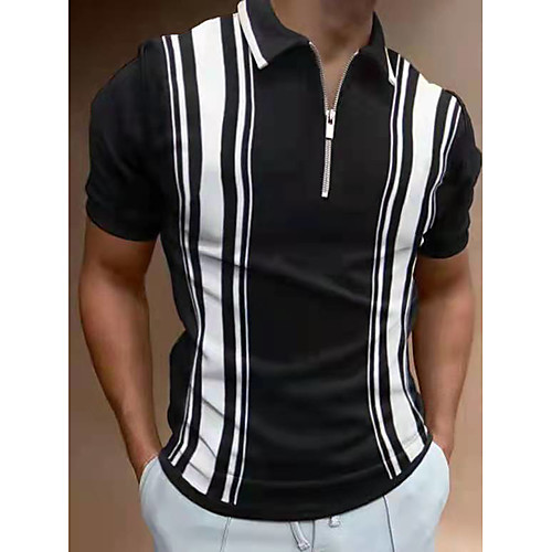 

Men's Golf Shirt Other Prints Striped Tartan Letter Standing Collar Going out golf shirts Short Sleeve Slim Tops Designer Punk & Gothic White