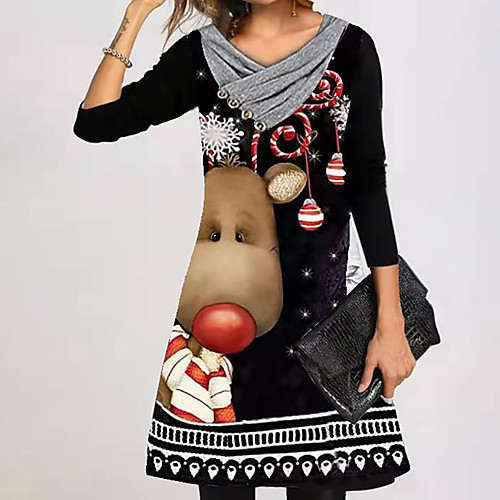 

Women's A Line Dress Knee Length Dress Wine Khaki Green White Black Red Brown Long Sleeve Print Print Fall Winter V Neck Casual Christmas 2021 S M L XL XXL 3XL