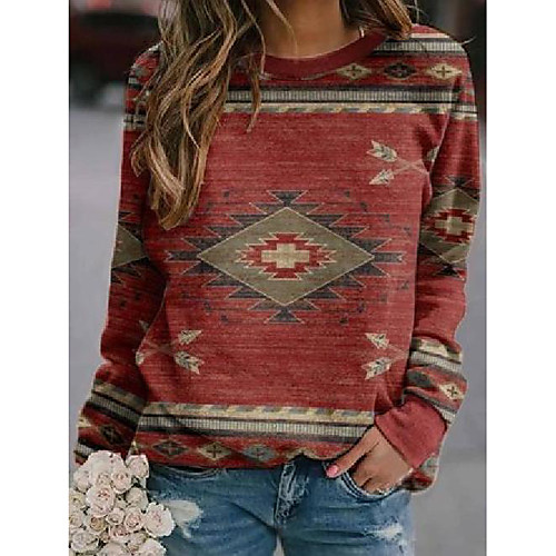 

Women's Hoodie Sweatshirt Brown Crew Neck Causal Holiday Geometric Ethnic Hoodies Sweatshirts Photo Color