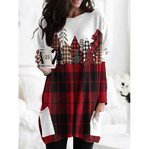 

Women's Shift Dress Short Mini Dress Red Long Sleeve Plaid Print Fall Spring Round Neck Casual Christmas Holiday Regular Fit 2021 S M L XL XXL 3XL