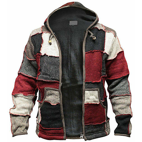 

Men's Unisex Cardigan Pocket Knitted Braided Color Block Stylish Ethnic Style Vintage Style Long Sleeve Sweater Cardigans Hooded Fall Winter Red plus velvet Blue plus velvet / Chunky