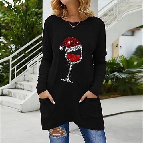 

Women's Painting T shirt Graphic Pocket Print Round Neck Basic Christmas Tops Blue Purple Black