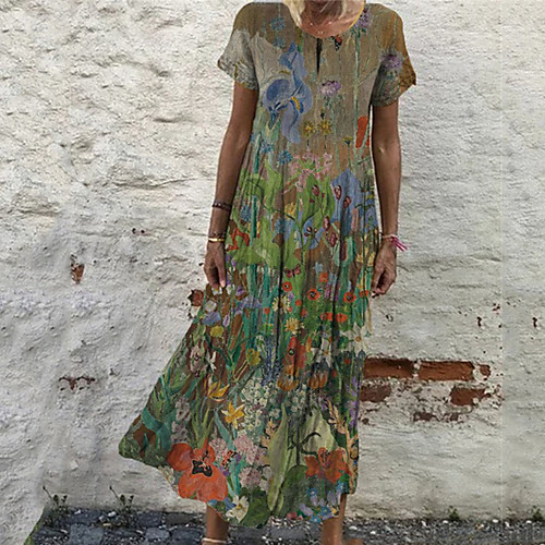 

Women's A Line Dress Maxi long Dress Green Short Sleeve Floral Print Spring Summer Round Neck Casual Vintage Loose 2022 S M L XL XXL 3XL