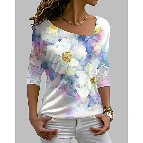 

Women's Floral Theme Painting T shirt Floral Graphic Print V Neck Basic Elegant Tops Green Blue White / 3D Print