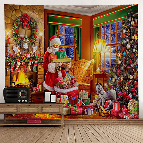 

Christmas Santa Claus Holiday Party Wall Tapestry Art Decor Blanket Curtain Hanging Home Bedroom Living Room Decoration Christmas Tree Snowman Elk Snowflake Candle Gift Fireplace