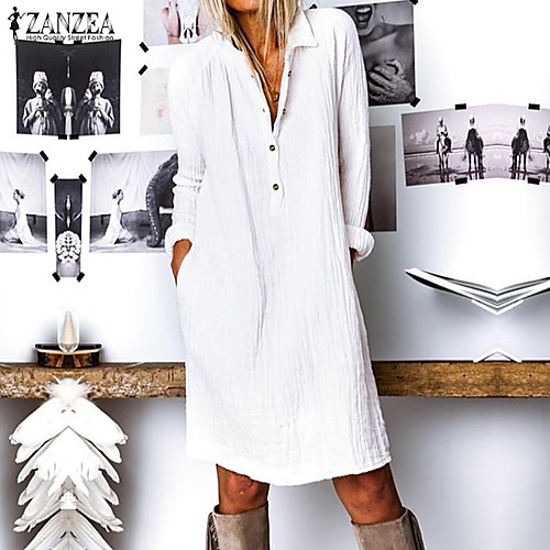 

Women's Shift Dress Knee Length Dress Yellow White Navy Blue Long Sleeve Solid Color Button Spring Summer Shirt Collar Chic & Modern Hot Casual Loose 2021 S M L XL XXL 3XL