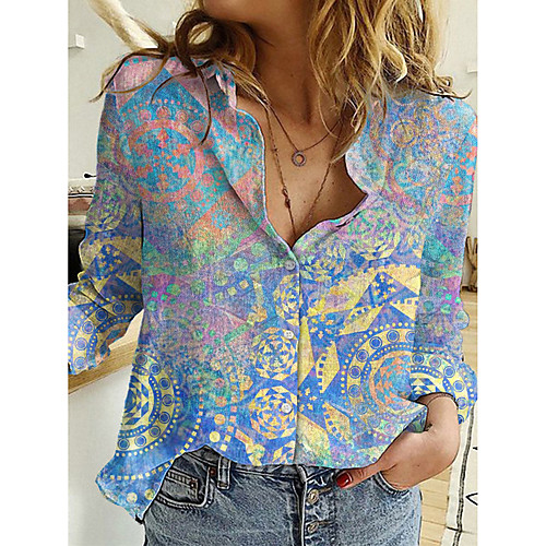 

Women's Floral Theme Geometric Blouse Shirt Floral Geometic Long Sleeve Print Shirt Collar Basic Tops Blue Purple Yellow