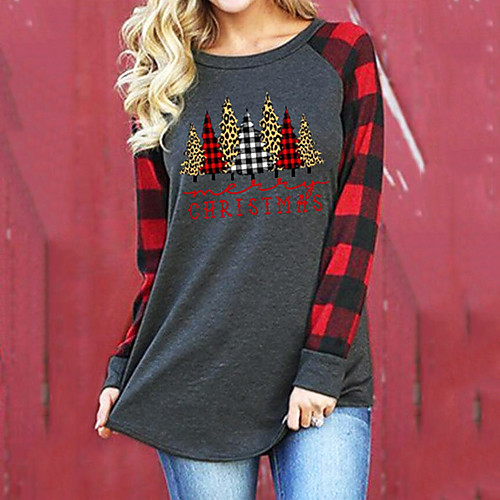 

Women's Christmas Painting T shirt Plaid Graphic Text Long Sleeve Print Round Neck Basic Christmas Tops Regular Fit Red / 3D Print