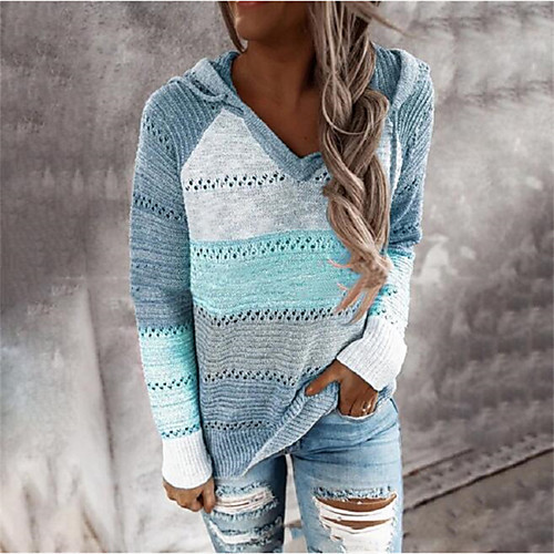 

Women's Pullover Sweater Knitted Color Block Casual Long Sleeve Loose Sweater Cardigans Hooded Fall Winter Wine khaki Green / Holiday / Work