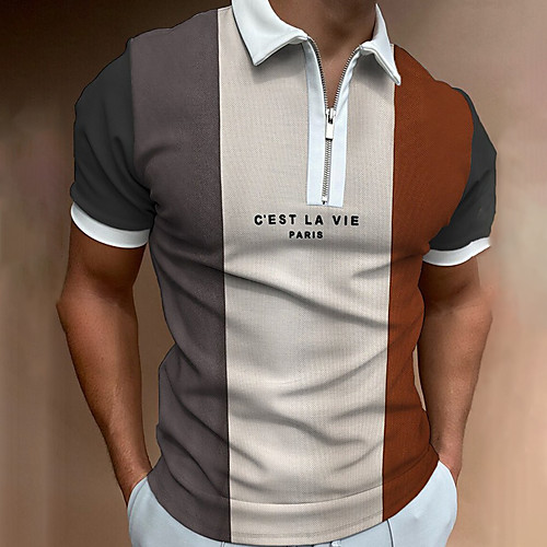 

Men's Golf Shirt Other Prints Color Block Letter Button Down Collar Casual Daily Zipper Patchwork Short Sleeve Tops Business Simple Lightweight Basic Beige / Summer