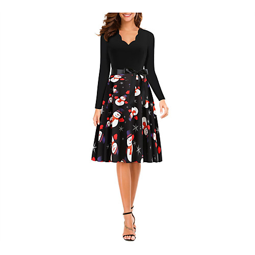 

Women's A Line Dress Knee Length Dress Black Long Sleeve Print Print Winter V Neck Active Christmas 3D Print S M L XL XXL XXXL