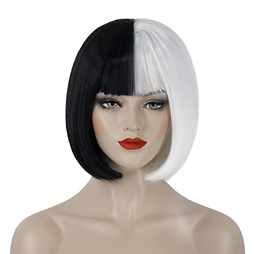 

halloweencostumes Witches/Wizard Wig Black White Wigs Cruella Deville Costume Women 12Inch Short Bob Hair Wig with Bangs,Cute Wigs for Party Cosplay Halloween Wigs White Wig Black Wig