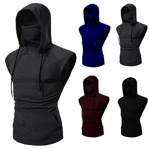 

Men's Sleeveless Hoodie with Mask Pullover Hoodie Sweatshirt Hoodie Pullover Top Street Athletic Cotton Breathable Soft Fitness Gym Workout Running Exercise Sportswear Solid Color Wine Red Black Blue