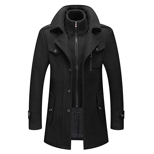 

Men's Trench Coat Overcoat Daily Fall & Winter Long Coat Notch lapel collar Regular Fit Active Jacket Long Sleeve Solid Colored Black Gray Camel / Wool